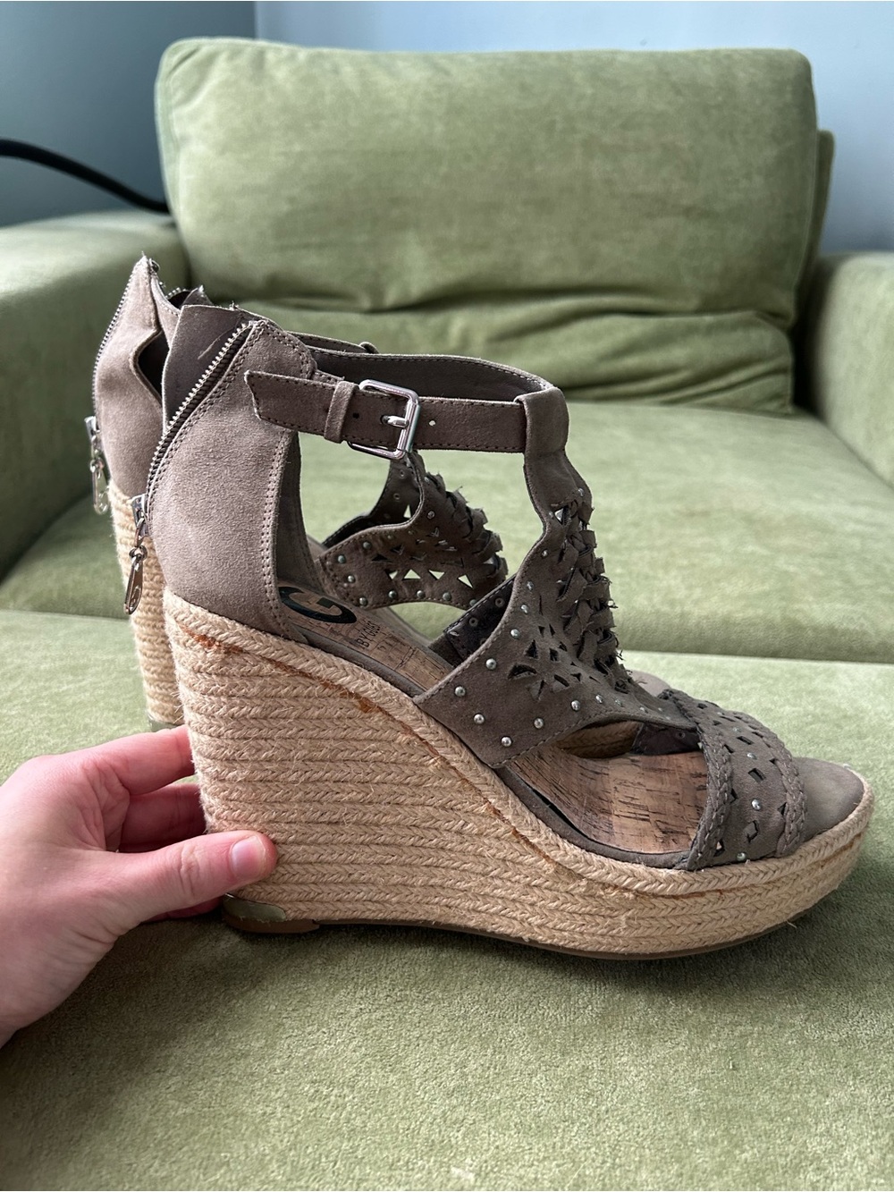 Guess Taupe Suede Studded Espadrille Wedge Sandals
